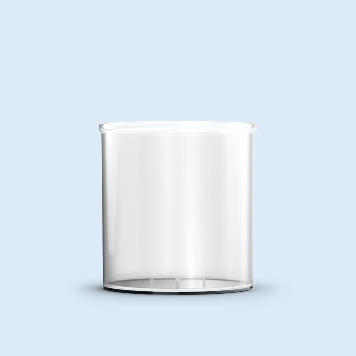 clear 30 Hour Jar plastic candle container on light blue background