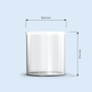 clear 30 Hour Jar plastic candle container on light blue background, with width and height measurements in millimeters