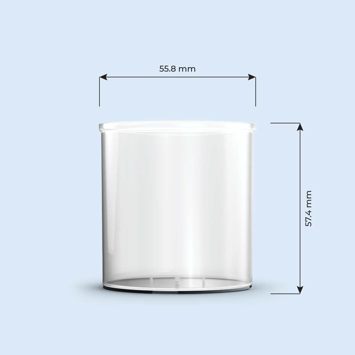 clear 30 Hour Jar plastic candle container on light blue background, with width and height measurements in millimeters