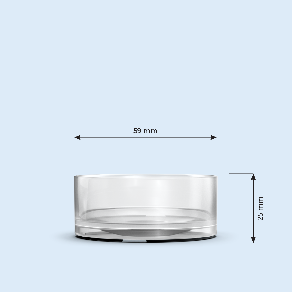 clear Maxi Light plastic candle container on light blue background, with width and height measurements in millimeters
