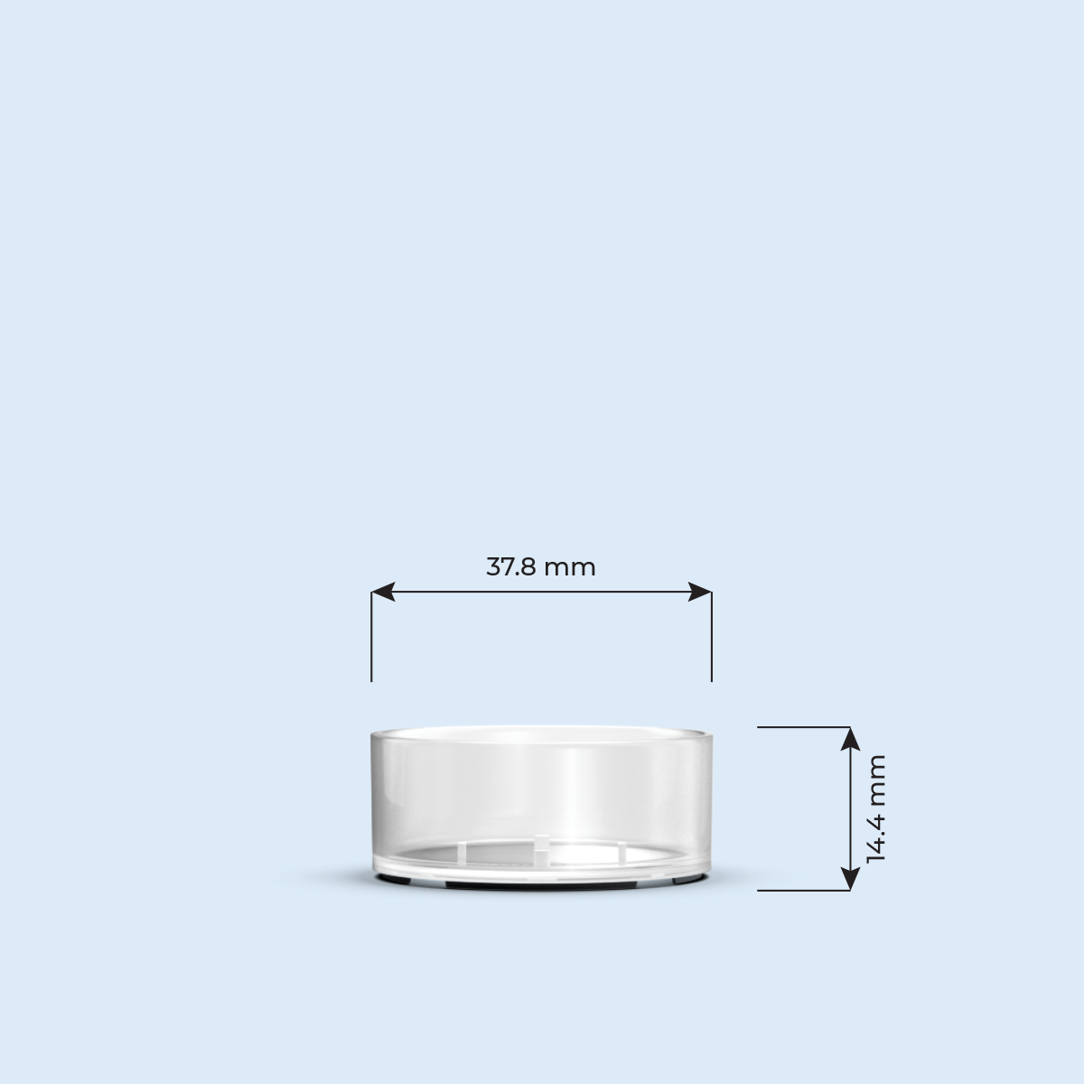clear Mini Tea Light plastic candle container on light blue background, with width and height measurements in millimeters