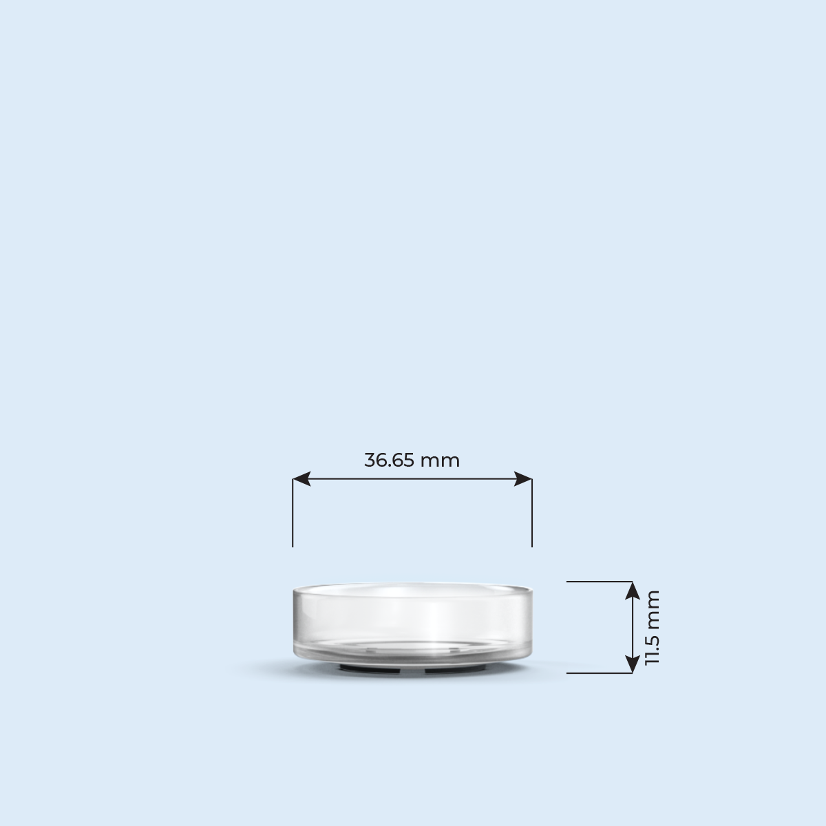 clear Nano Tea Light plastic candle container on light blue background, with width and height measurements in millimeters