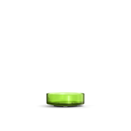 clear, green, Nano Tea Light plastic candle container on white background