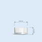 clear Tea Light plastic candle container on light blue background, with width and height measurements in millimeters