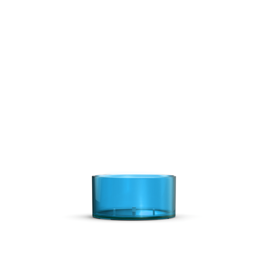 clear, blue Tea Light plastic candle container on white background