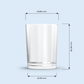 clear Votive plastic candle container on light blue background, with width and height measurements in millimeters