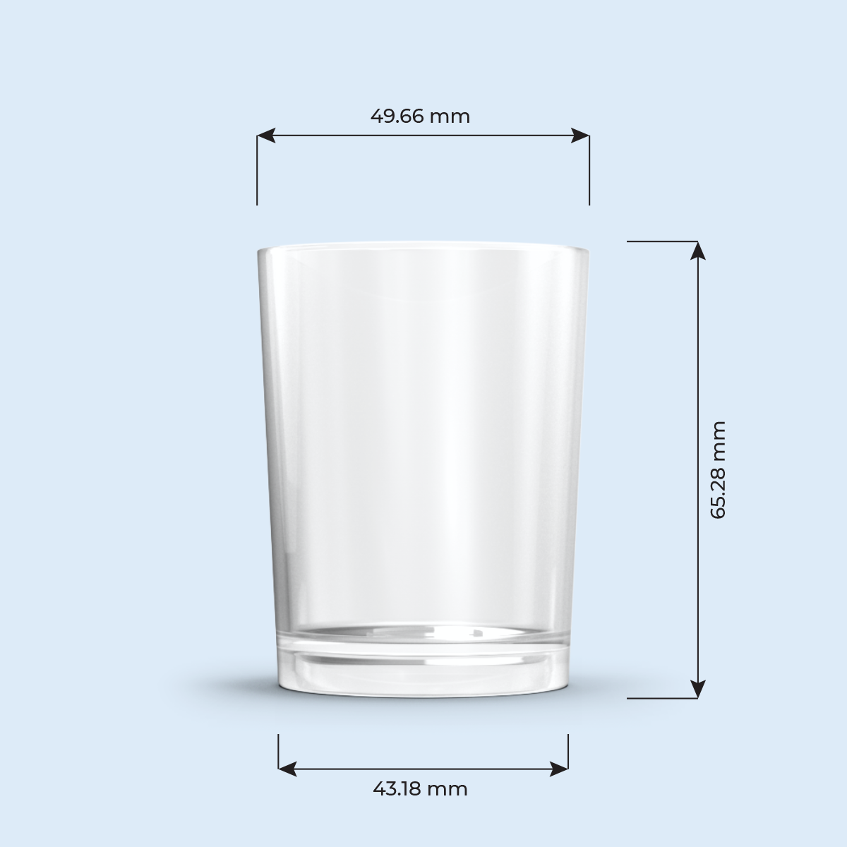 clear Votive plastic candle container on light blue background, with width and height measurements in millimeters